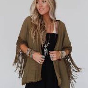 Fringed Olive Green Poncho
